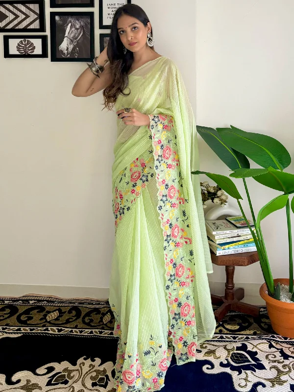 Women's Georgette Light Green Embellished Designer Saree With Blouse Piece Sleeveless Summer Blouse