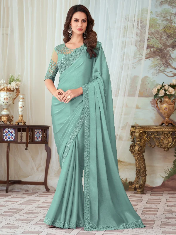 Women's Silk Blend Sea Green Embellished Designer Saree With Blouse Piece Sleeveless Chiffon Blouse