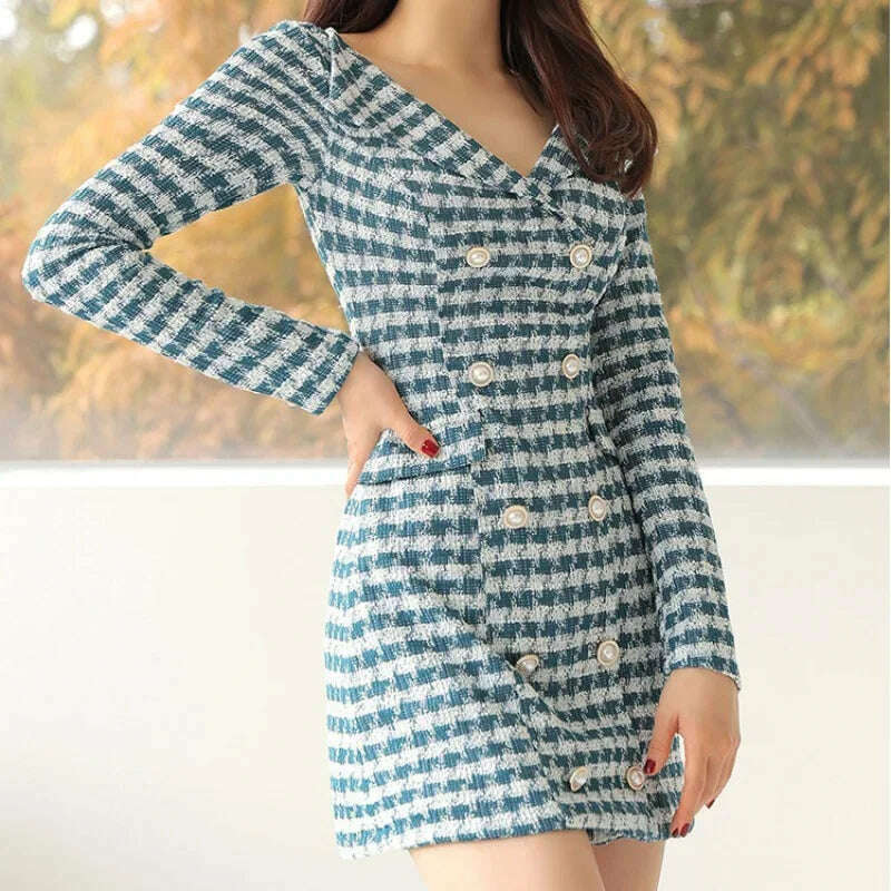 Long-sleeved Plaid Small Fragrance V-neck Women Dress Slim Double-breasted Korea Chic Elegant Vintage Spring Autumn Mini Dress Trendy Denim Mini Dress