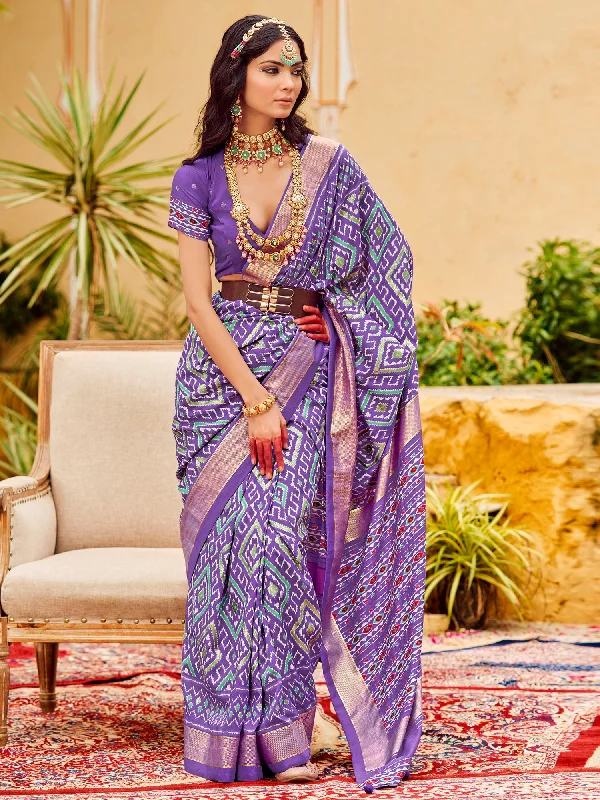 Women's Tussar Silk Lavender Printed Designer Saree With Blouse Piece Asymmetric Hem Blouse