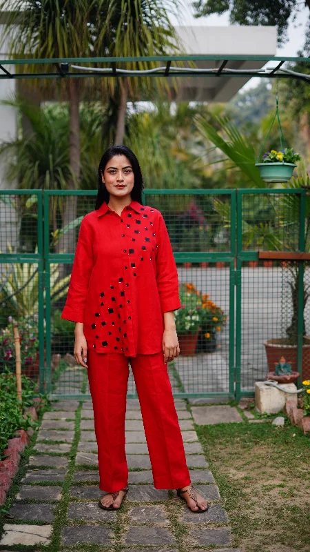 Red Box Embroidered Shirt-- Collared T-Shirt Boat Neck A-Line