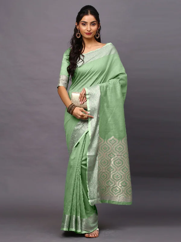 Women's Linen Blend Green Woven Design Designer Saree With Blouse Piece Satin Long Blouse
