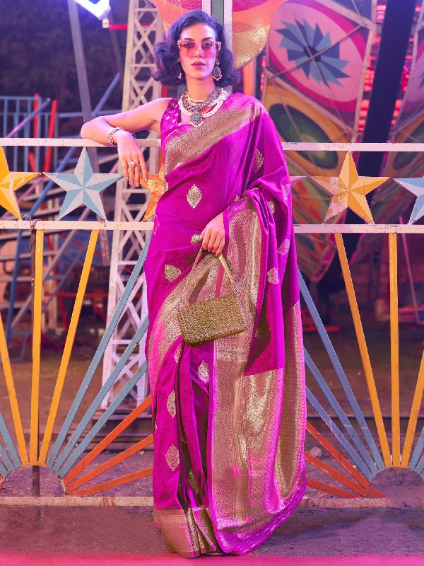 Women's Silk Blend Pink Woven Design Designer Saree With Blouse Piece Loose Fit Blouse