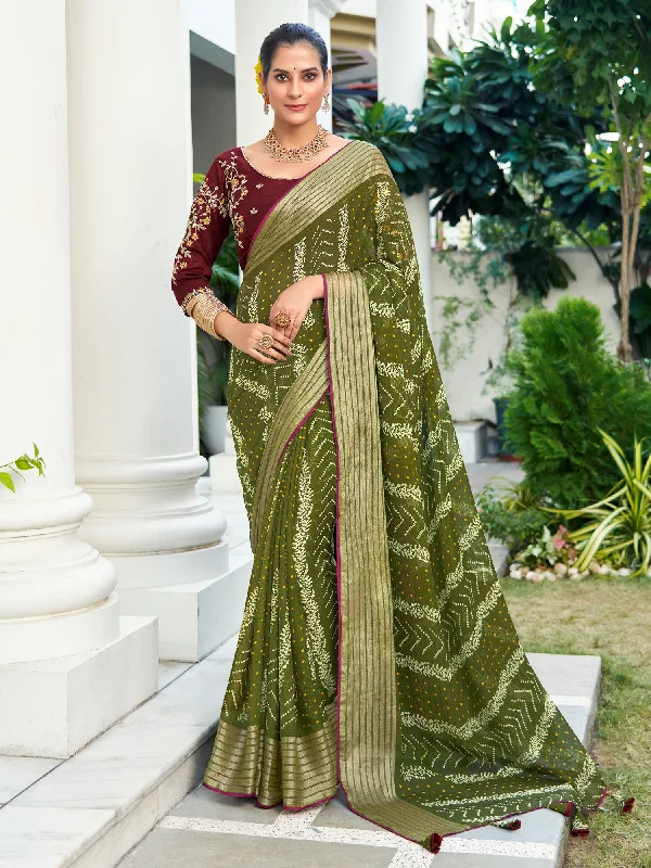 Women's Chiffon Olive Embellished Designer Saree With Blouse Piece Everyday Stylish Blouse