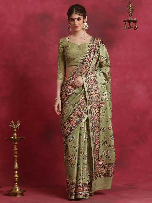 Women's Cotton Blend Olive Printed Designer Saree With Blouse Piece Boho Chic Blouse
