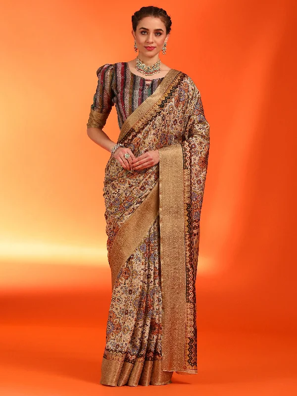 Women's Dola Silk Cream Printed Designer Saree With Blouse Piece Classic Striped Blouse