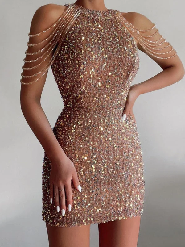 Sequined Beaded Mini Dress Classic Solid Mini Dress