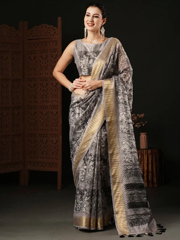 Women's Organza Grey Printed Designer Saree With Blouse Piece Soft Satin Blouse