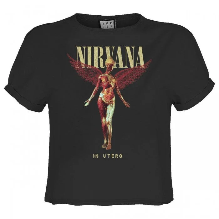 Amplified Womens/Ladies In Utero Nirvana Crop T-Shirt-- Mesh Blend Leather Blend Suede Blend