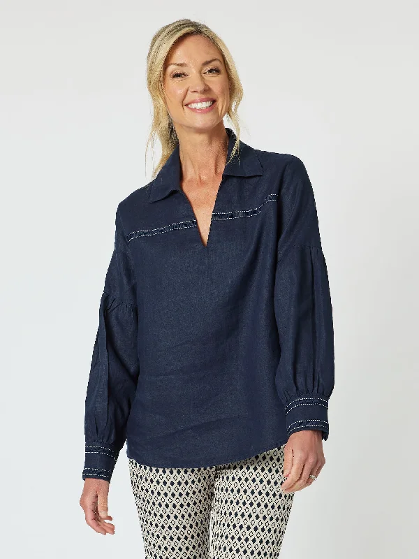 Eliza Linen Shirt - Navy-- Mesh Blend Leather Blend Suede Blend