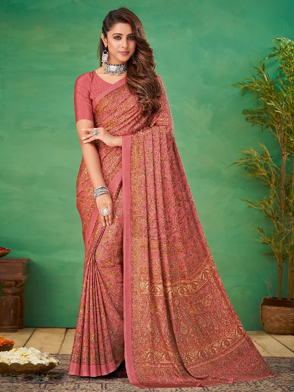 Women's Crepe Pink Printed Designer Saree With Blouse Piece Collared Satin Blouse