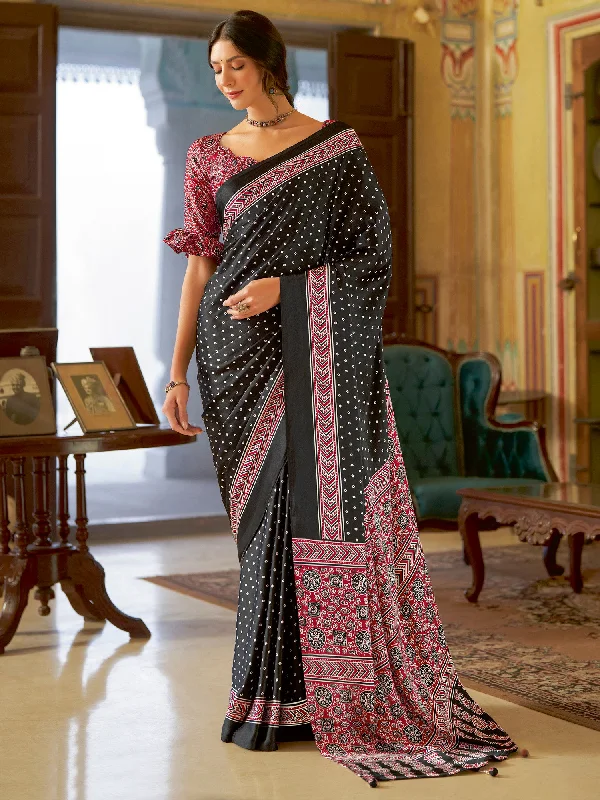 Women's Crepe Black Printed Designer Saree With Blouse Piece Backless Summer Blouse