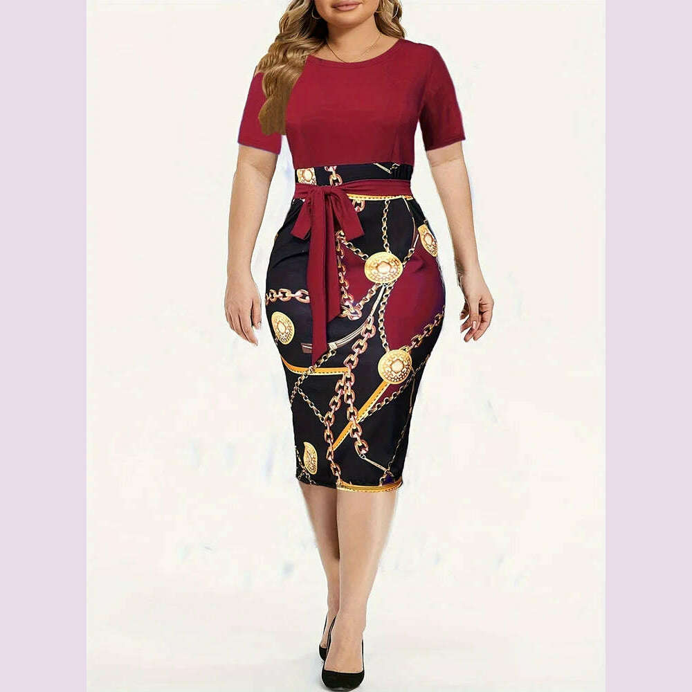 Commuter wrap-around dress, Women's Colorblock Chain Print Short Sleeve Round Neck Slight Stretch Slim Fit Mini Dress With Belt Comfortable Zip-Up Mini Dress