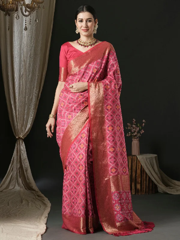 Women's Silk Blend Pink Woven Design Designer Saree With Blouse Piece Pleated Collar Blouse