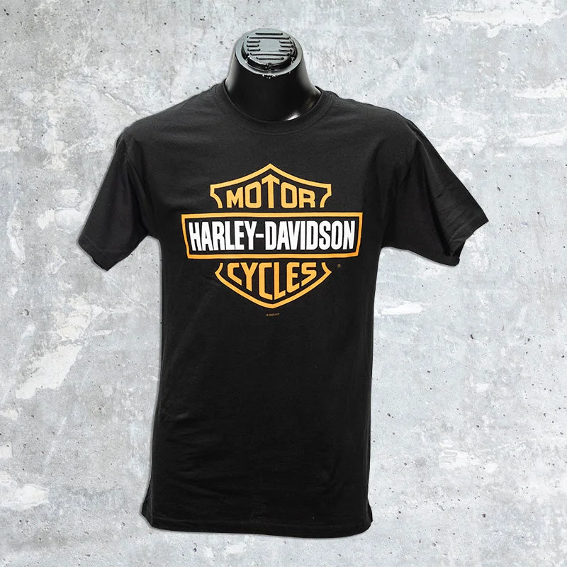 Wild Fire Harley Davidson-Black Harley Davidson Orange Bar and Shield T-Shirt-- Welt Pockets Slit Pockets