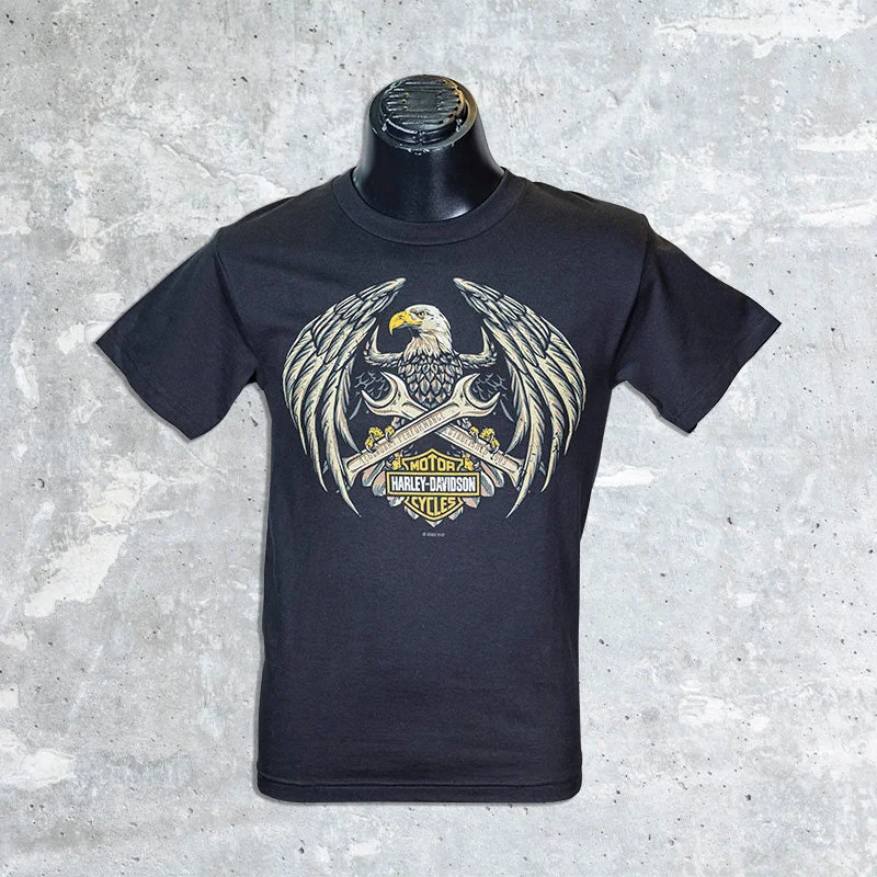 Milwaukee Harley Davidson- Black T-Shirt with Eagle and Crossed Wrenches -- Basic T-Shirt Crew Neck Short Sleeve