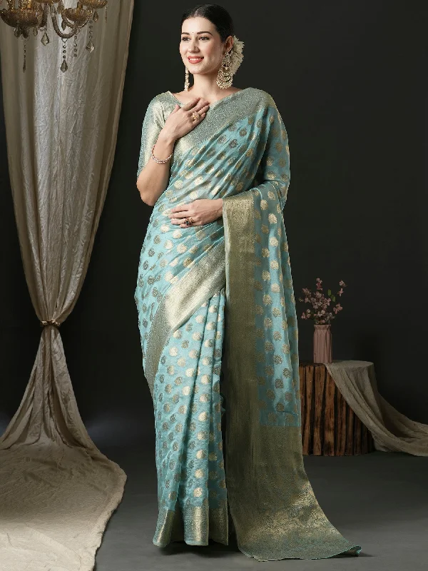 Women's Organza Light Blue Woven Design Designer Saree With Blouse Piece Floral Print Blouse