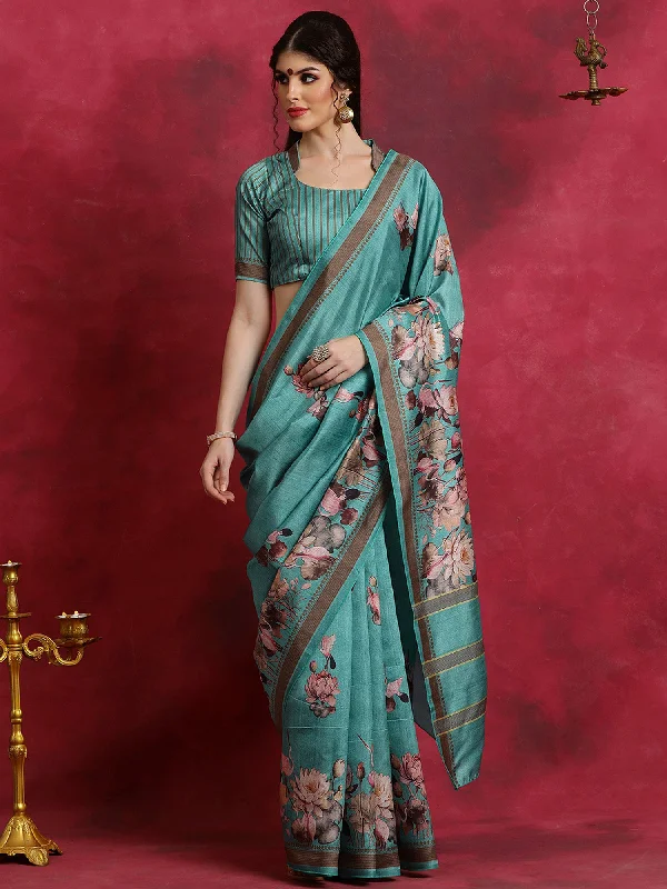 Women's Cotton Blend Blue Printed Designer Saree With Blouse Piece Casual Stripe Blouse