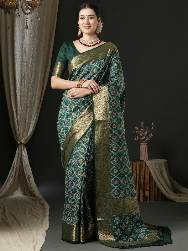 Women's Silk Blend Dark Green Woven Design Designer Saree With Blouse Piece Cotton Casual Blouse