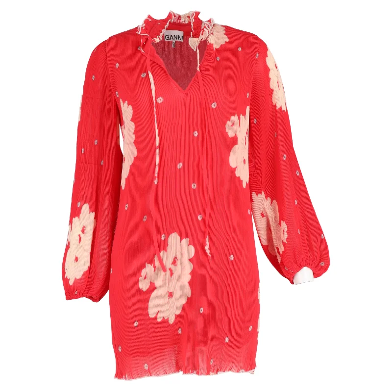 Ganni Ruffle-Trimmed Floral-Print Plissé-Chiffon Mini Dress In Red Viscose Trendy Button-Detail Mini Dress