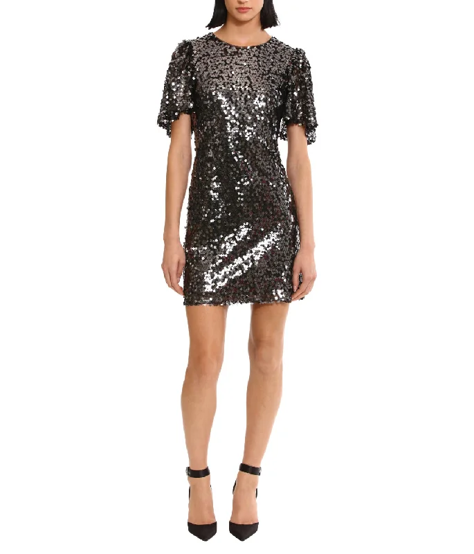 Flutter Sleeve Mini Dress Gunmetal Comfortable Fit-and-Flare Mini Dress