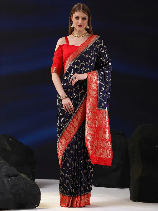 Women's Silk Blend Navy Blue Woven Design Designer Saree With Blouse Piece Ruched Sleeve Blouse