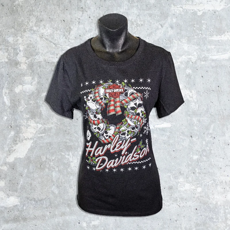 Wildfire Harley Davidson- Wreath Ladies Black T-Shirt-- Mesh Blend Leather Blend Suede Blend