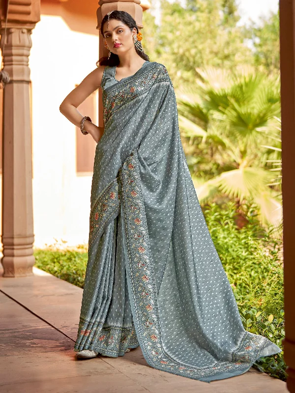 Women's Cotton Blend Grey Printed Designer Saree With Blouse Piece Polished Work Blouse