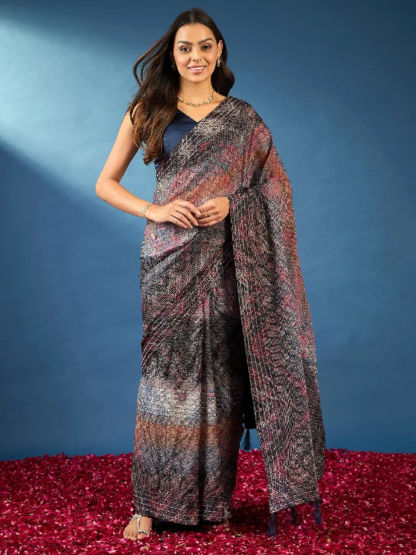 Women's Georgette Black Embellished Designer Saree With Blouse Piece Side Tie Blouse