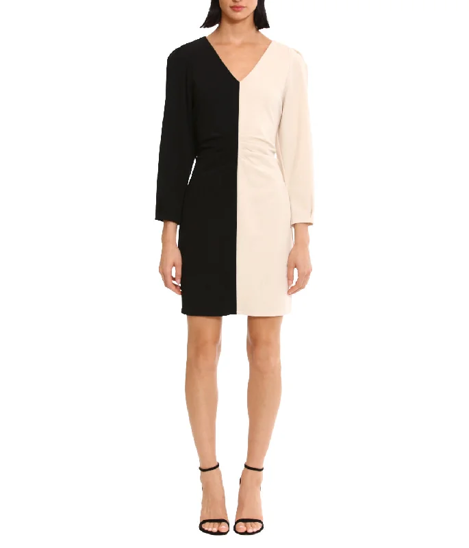 Color Blocked Long Sleeve Mini Dress Black Trendy Off-Shoulder Dress Mini