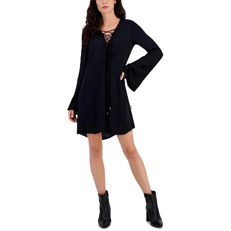 Womens V-Neck Lace-Up Mini Dress Elegant Vintage Mini Dress
