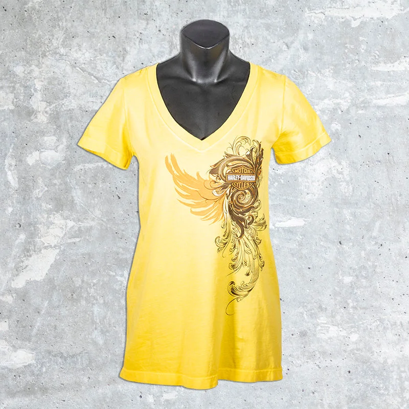 Woodstock Harley Davidson- Yellow Whispering Logo V-Neck Shirt-- Elegant Classic Vintage