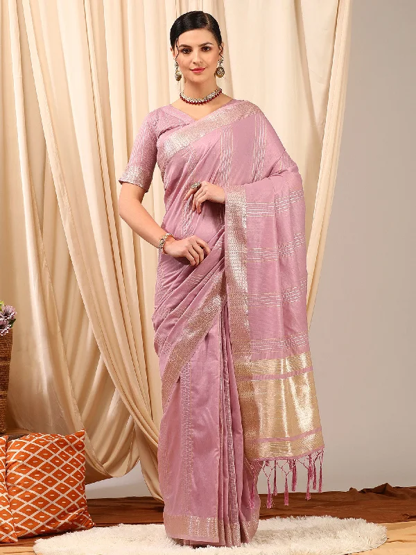 Women's Linen Mauve Woven Design Designer Saree With Blouse Piece Romantic Lace Blouse