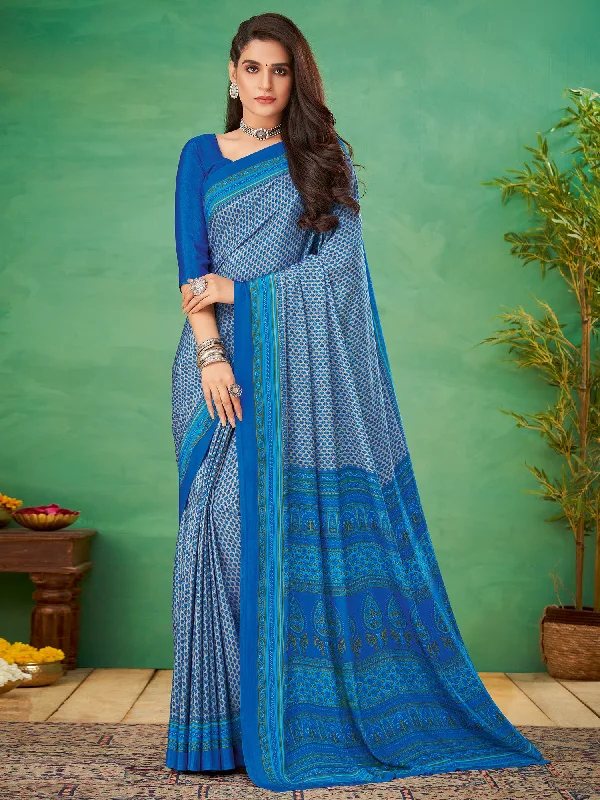 Women's Crepe Grey Printed Designer Saree With Blouse Piece Double Button Blouse