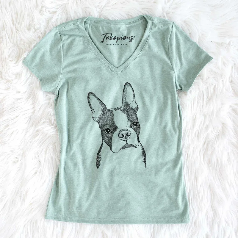 Bare Samuel the Boston Terrier - Women's V-neck Shirt-- Terry Blend Velvet Blend Canvas Blend