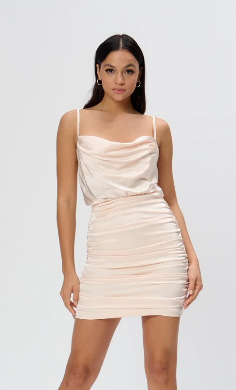 Cream Satin Cowl Ruched Mini Dress Elegant Mini Dress with Pleats