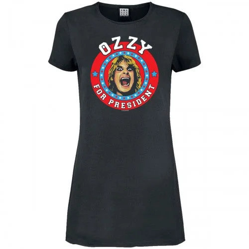Amplified Womens/Ladies For President Ozzy Osbourne T-Shirt Dress-- Striped Floral Plaid