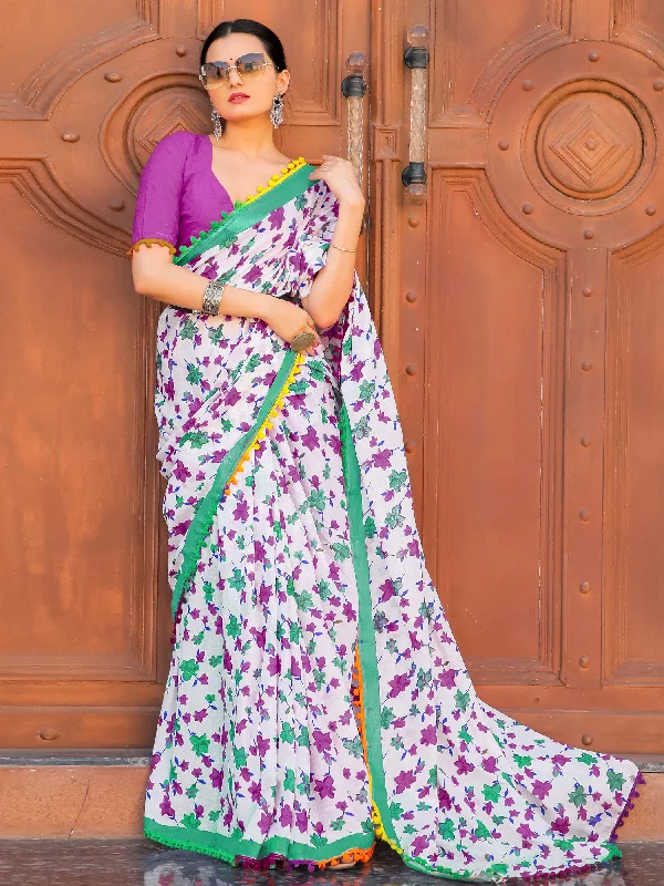 Women's Cotton White Printed Designer Saree With Blouse Piece Romantic Lace Blouse