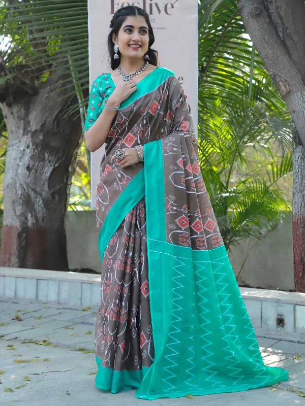 Women's Cotton Brown Printed Designer Saree With Blouse Piece Satin Drape Blouse