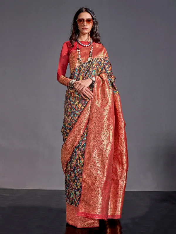 Women's Silk Blend Black Woven Design Designer Saree With Blouse Piece Elegant Silk Blouse
