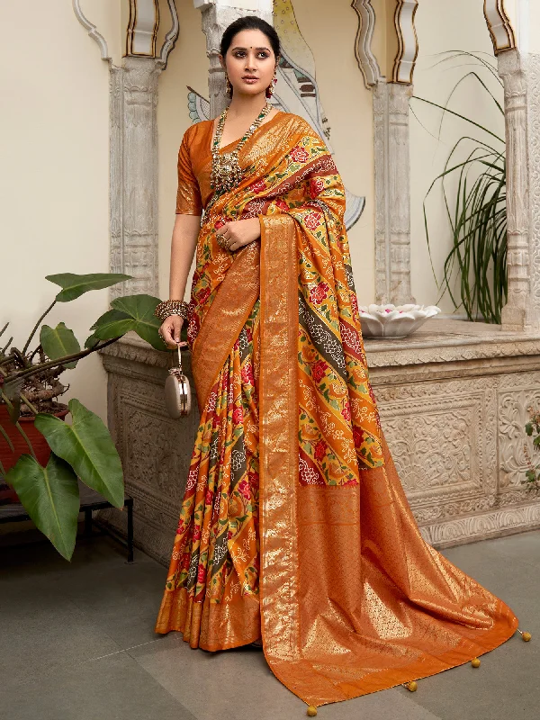 Women's Tussar Silk Mustard Printed Designer Saree With Blouse Piece Backless Summer Blouse