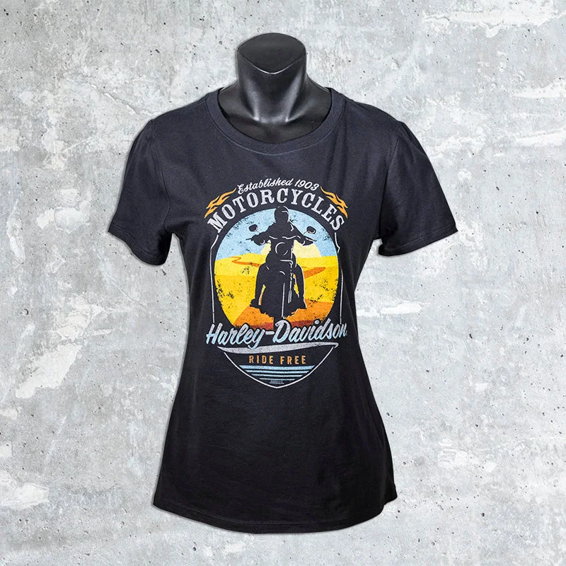 Woodstock Harley Davidson-Black Sunset Women's T-Shirt-- Zippered Front Buttoned Front Snap Front