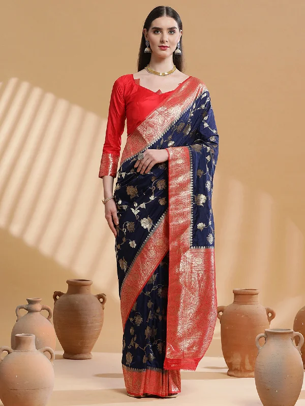 Women's Silk Blend Navy Blue Woven Design Designer Saree With Blouse Piece Loose Oversized Blouse