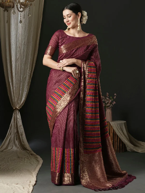 Women's Silk Blend Magenta Woven Design Designer Saree With Blouse Piece Embroidered Floral Blouse