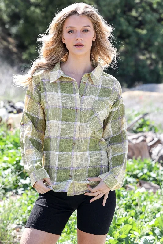 Cotton & Linen Blend Textured Plaid Shirt Top-- Ribbed T-Shirt High Neck Heavyweight