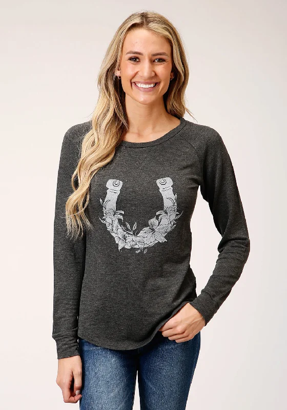 Roper Womens Charcoal Grey Poly/Rayon Horseshoe L/S T-Shirt-- Cozy Warm Stylish