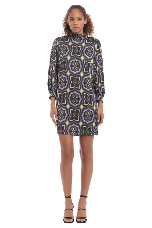 Black and Purple Printed Mini Dress Comfortable One-Shoulder Mini Dress