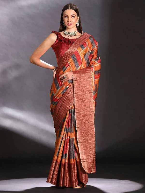 Women's Silk Blend Multicolored Printed Designer Saree With Blouse Piece Airy Cotton Blouse