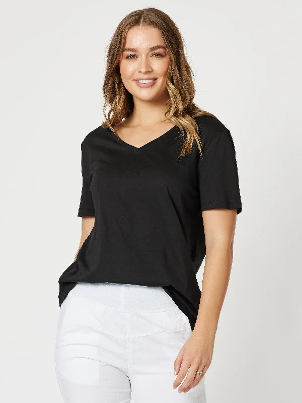 Cotton V - Neck - Shirt - Black-- Striped Floral Plaid