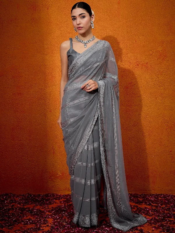 Women's Chiffon Grey Embellished Designer Saree With Blouse Piece Feminine Ruffle Blouse